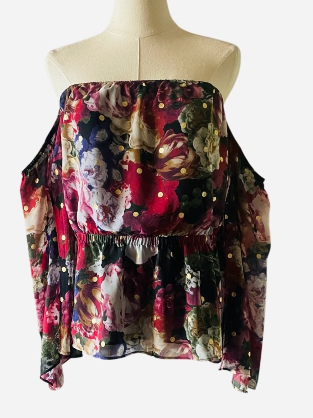 EXPRESS Floral Off-Shoulder Top Size M Metallic Dots Cinch Waist Burgundy Black